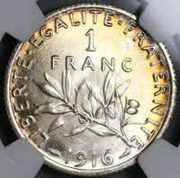 1916 NGC MS 65 France 1 Franc Sower Mint State WW I Silver Coin (22091303C)