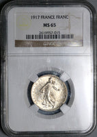 1917 NGC MS 65 France 1 Franc Sower Mint State Gem WWI Silver Paris Coin (22022701C)