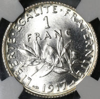 1917 NGC MS 66+ France 1 Franc Sower Mint State WWI Silver Coin (21050701C)