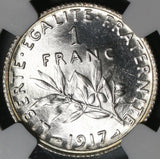 1917 NGC MS 66+ France 1 Franc Sower Mint State WWI Silver Coin (21050701C)