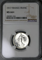 1917 NGC MS 66+ France 1 Franc Sower Mint State WWI Silver Coin (21050701C)