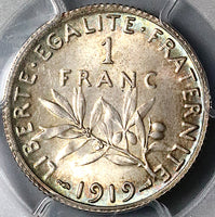 1919 PCGS MS 64 France 1 Franc Sower Silver Mint State Coin (22053002C)