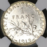 1919 NGC MS 66 France 1 Franc Sower Silver Gem Mint State Coin (22012103C)