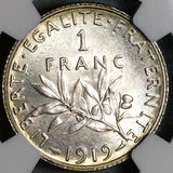 1919 NGC MS 66 France 1 Franc Sower Silver Gem Mint State Coin (22012103C)
