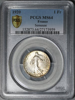 1920 PCGS MS 64 France 1 Franc Sower Silver Mint State Last Year Coin (21021408C)