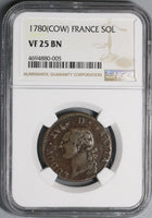 1780-Cow NGC VF 25 France 1 Sol Louis XVI Rare Pau Mint Coin POP 1/0 (18083109C)