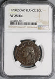 1780-Cow NGC VF 25 France 1 Sol Louis XVI Rare Pau Mint Coin POP 1/0 (18083109C)