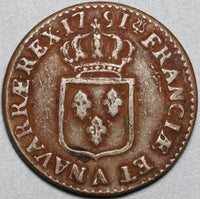 1791-A France Sol Louis XVI Paris Mint XF Royal Copper Coin (21051105R)