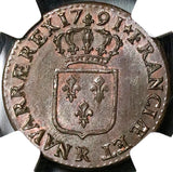 1791-R NGC MS 64 France 1 Sol Louis XVI Orleans Mint Royal Coin (23030801C)