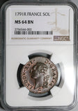 1791-R NGC MS 64 France 1 Sol Louis XVI Orleans Mint Royal Coin (23030801C)