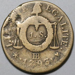 1793-BB France 1 Sol Aux Balances Convention Strasbourg Mint Coin (23121009R)