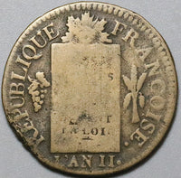 1793-BB France 1 Sol Aux Balances Convention Strasbourg Mint Coin (23121009R)