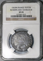 1563-M NGC XF 45 France Charles IX Teston Toulouse Silver Coin (21100302C)