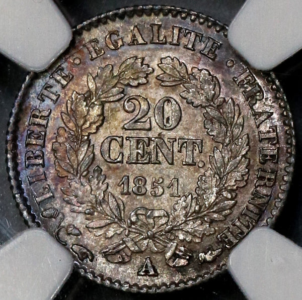 1851-A NGC MS 63 France 20 Centimes Paris Silver Coin (21090703C)