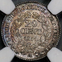1851-A NGC MS 63 France 20 Centimes Paris Silver Coin (21090703C)