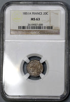 1851-A NGC MS 63 France 20 Centimes Paris Silver Coin (21090703C)