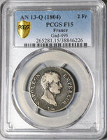 1804-Q PCGS F 15 France Napoleon 2 Francs Perpignan Rare Silver Coin 52K (20021101C)