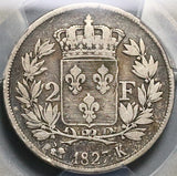 1827-K PCGS F 12 France 2 Francs Charles X Bordeaux Mint 33K Silver Coin (22052402C)
