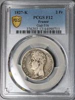 1827-K PCGS F 12 France 2 Francs Charles X Bordeaux Mint 33K Silver Coin (22052402C)