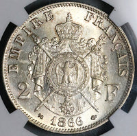 1866-K NGC MS 62 France 2 Francs Napoleon III Bordeaux Mint Key Silver Coin POP 1/2 (22072401C)