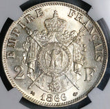1866-K NGC MS 62 France 2 Francs Napoleon III Bordeaux Mint Key Silver Coin POP 1/2 (22072401C)