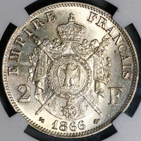 1866-K NGC MS 62 France 2 Francs Napoleon III Bordeaux Mint Key Silver Coin POP 1/2 (22072401C)