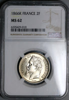 1866-K NGC MS 62 France 2 Francs Napoleon III Bordeaux Mint Key Silver Coin POP 1/2 (22072401C)