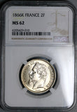1866-K NGC MS 62 France 2 Francs Napoleon III Bordeaux Mint Key Silver Coin POP 1/2 (22072401C)