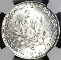1914-C NGC MS 64 France 2 Francs Castelsarrasin Mint Silver Coin (20061503C)