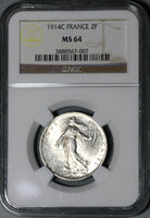 1914-C NGC MS 64 France 2 Francs Castelsarrasin Mint Silver Coin (20061503C)
