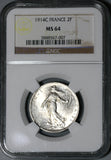 1914-C NGC MS 64 France 2 Francs Castelsarrasin Mint Silver Coin (20061503C)