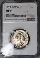1915 NGC MS 64 France 2 Francs Sower Silver Mint State WWI Paris Coin (22012102C)