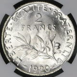 1920 NGC MS 65 FRANCE Semeuse Sower Silver 2 Francs Mint State Coin (19071702C)