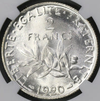 1920 NGC MS 65 FRANCE Semeuse Sower Silver 2 Francs Mint State Coin (19071702C)