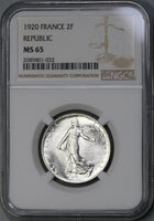 1920 NGC MS 65 FRANCE Semeuse Sower Silver 2 Francs Mint State Coin (19071702C)