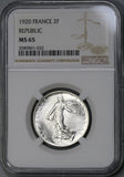 1920 NGC MS 65 FRANCE Semeuse Sower Silver 2 Francs Mint State Coin (19071702C)