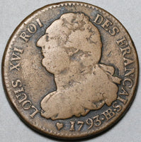 1793-BB France Louis XVI 2 Sols LAN 5 Constitution Strasbourg Mint Coin (21051201R)