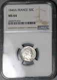 1846-A NGC MS 64 France Silver 50 Centimes L Philippe Coin POP 3/3 (17090601D)