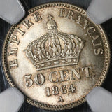 1864-A NGC MS 66 France 50 Centimes Napoleon III Silver Coin POP 1/0 (20030502C)