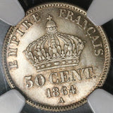 1864-A NGC MS 66 France 50 Centimes Napoleon III Silver Coin POP 1/0 (20030502C)