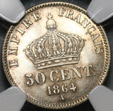1864-A NGC MS 66 France 50 Centimes Napoleon III Silver Coin POP 1/0 (20030502C)