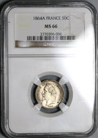 1864-A NGC MS 66 France 50 Centimes Napoleon III Silver Coin POP 1/0 (20030502C)