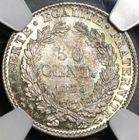 1873-A NGC MS 64 France 50 Centimes BU Silver Ceres 926k Minted Coin (21021501C)