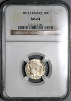 1873-A NGC MS 64 France 50 Centimes BU Silver Ceres 926k Minted Coin (21021501C)