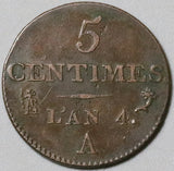 1795-A France 5 Centimes L'an 4 XF Directoire Paris Mint Copper Coin (23121006R)