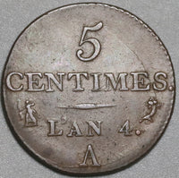 1795-A France 5 centimes Year AN 4-A XF First Year Republic Coin (20081501S)