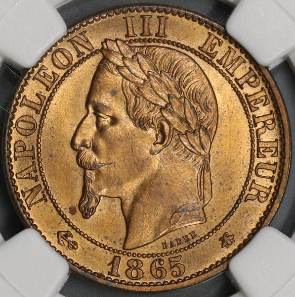 1865-A NGC MS 64 RB France 5 Centimes Napoleon III Mostly Red Coin (18100802C)