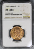 1865-A NGC MS 64 RB France 5 Centimes Napoleon III Mostly Red Coin (18100802C)