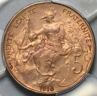 1913 PCGS MS 65 RB France 5 Centimes Marianne Dupuis Mint State Coin (22050805C)