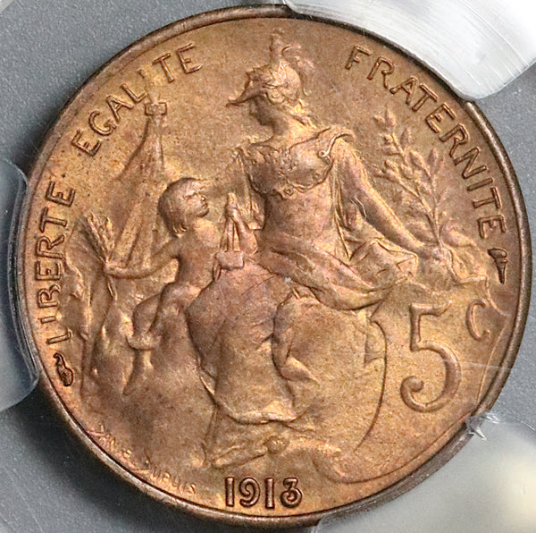 1913 PCGS MS 65 RB France 5 Centimes Marianne Dupuis Mint State Coin (22050805C)
